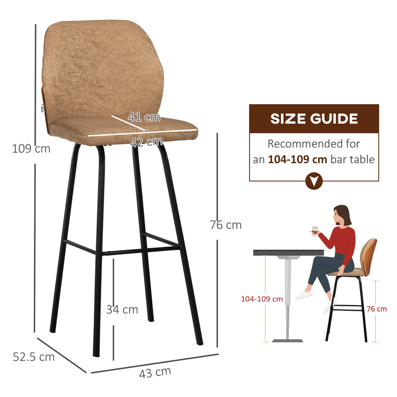 HOMCOM Bar Stools Set of 2, Upholstered Kitchen Stools with Back, Footrest