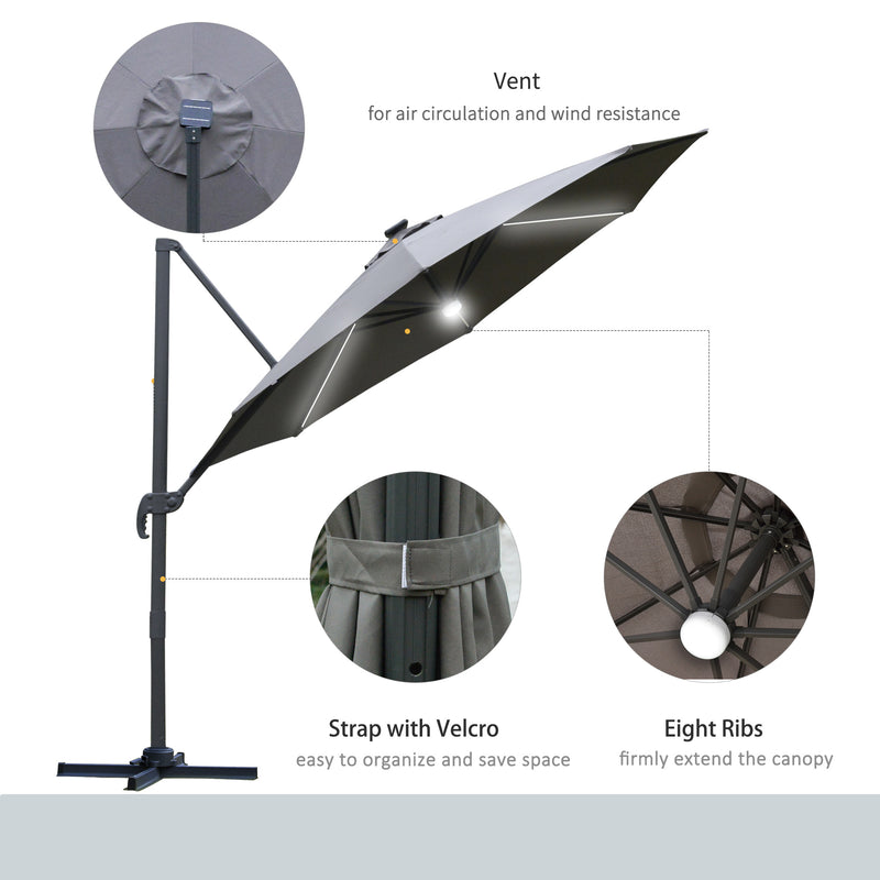 Outsunny 3(m) LED Cantilever Parasol Outdoor with Base Solar Lights Grey