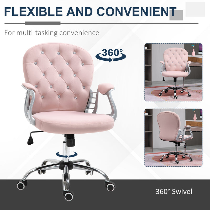 Vinsetto Office Chair Velour Diamond Tufted Padded Ergonomic 360° Swivel Pink