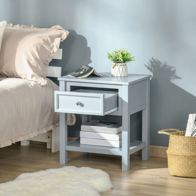 HOMCOM Boxy Accent Bedside End Table Nightstand Drawer Shelf Home Furniture Grey