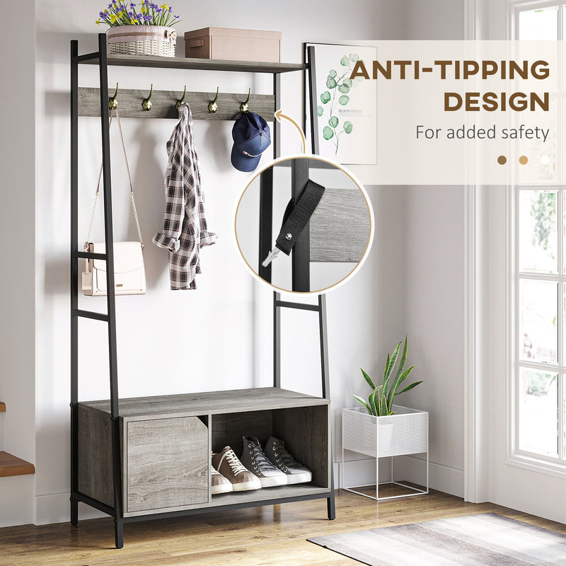 HOMCOM Coat Rack Stand, Shoe Bench with 5 Hooks and Storage Cabinet Grey
