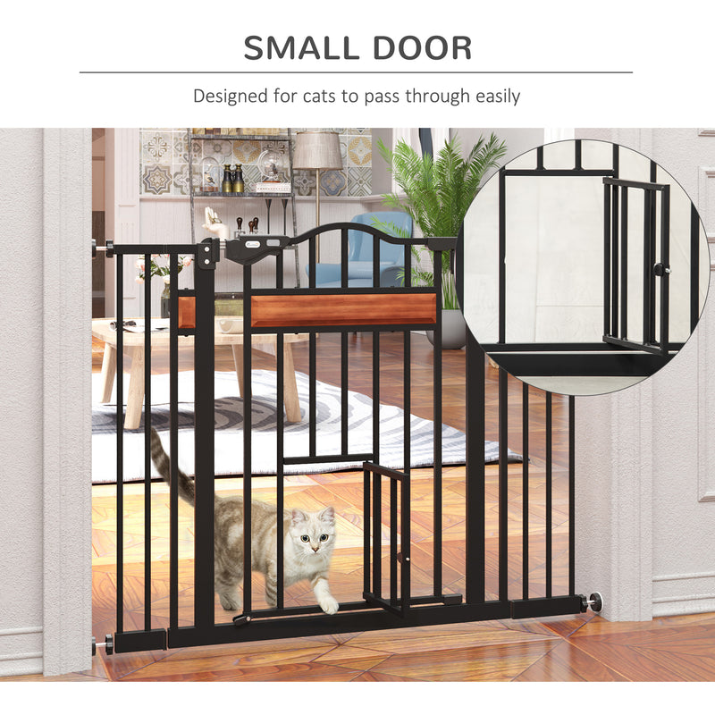 PawHut Dog Gate Pet Safety Gate W/ Cat Door Auto Close Pine Decor 74-105 cm Wide