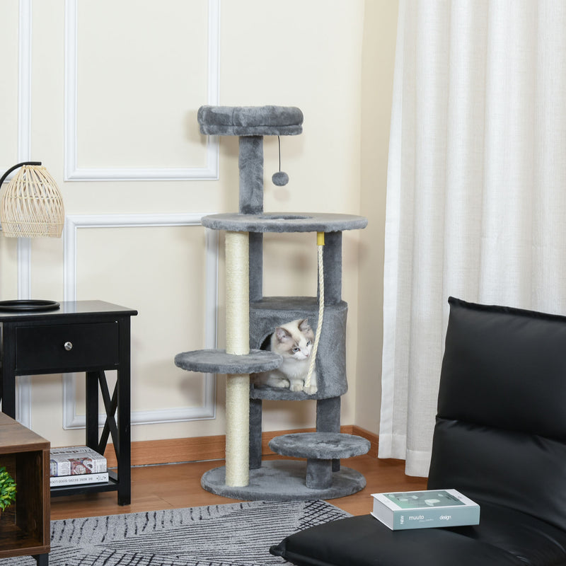 PawHut Cat Tree Tower Activity Center With Hanging Ball Toy Teasing Rope 112cm