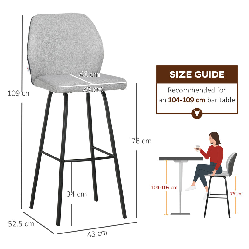 HOMCOM Bar Stools Set of 2, Upholstered Kitchen Stools with Back, Footrest