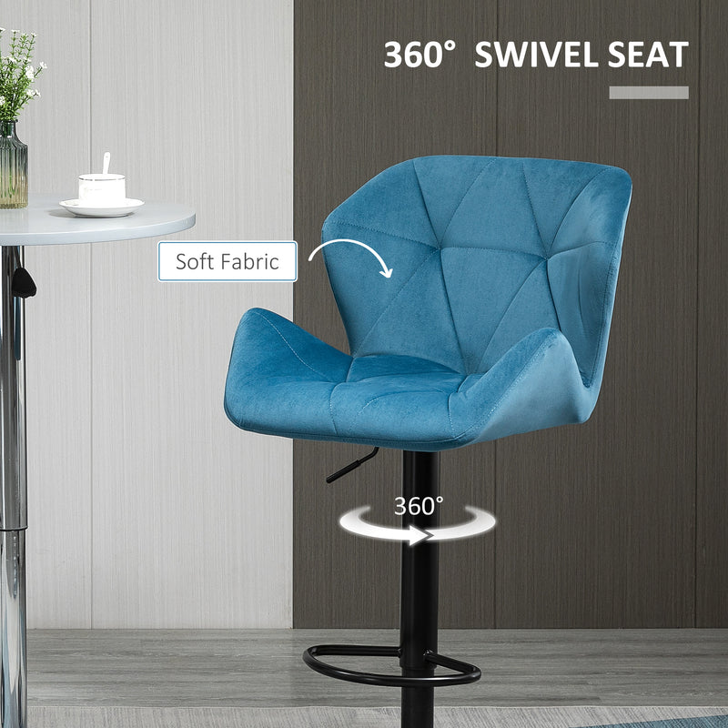 HOMCOM Set Of 2 Luxurious Velvet-Touch Bar Stools Metal Frame Footrest Blue