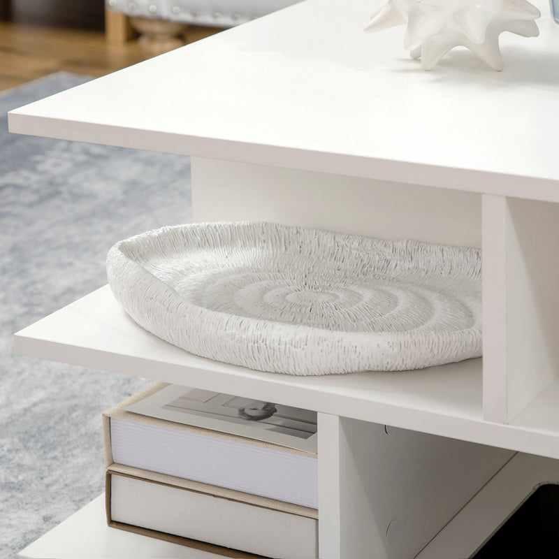 HOMCOM Square Modern 2-Tier Coffee Table with Multiple Storage Shelves White