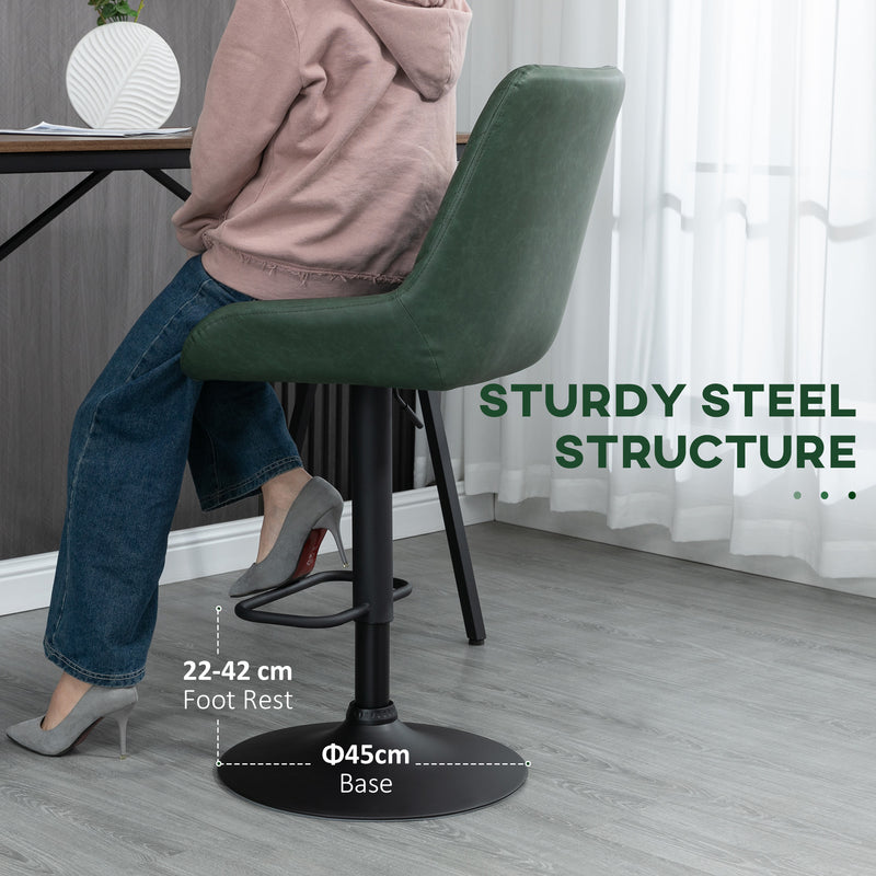 HOMCOM Bar Stools Set of 2, Adjustable Bar Chairs 360° Swivel for Kitchen Green