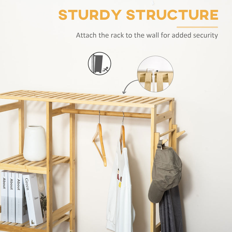 HOMCOM Bamboo Coat Rack w/ Hooks Hanging Rail and Storage Shelf for Entryway
