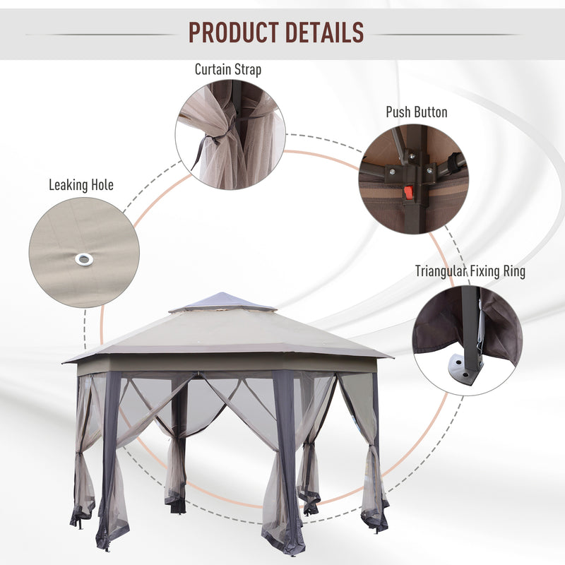 Outsunny 4x4m Hexagon Gazebo w/ Metal Frame Mesh Curtains Outdoor Garden, Beige