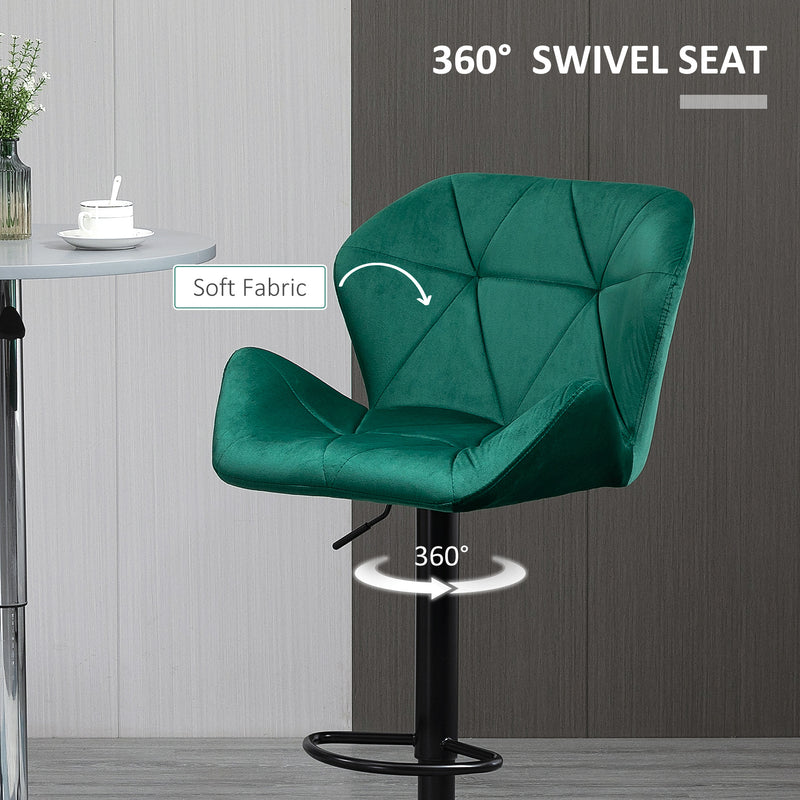 HOMCOM Set Of 2 Luxurious Velvet-Touch Bar Stools Metal Frame Footrest Green