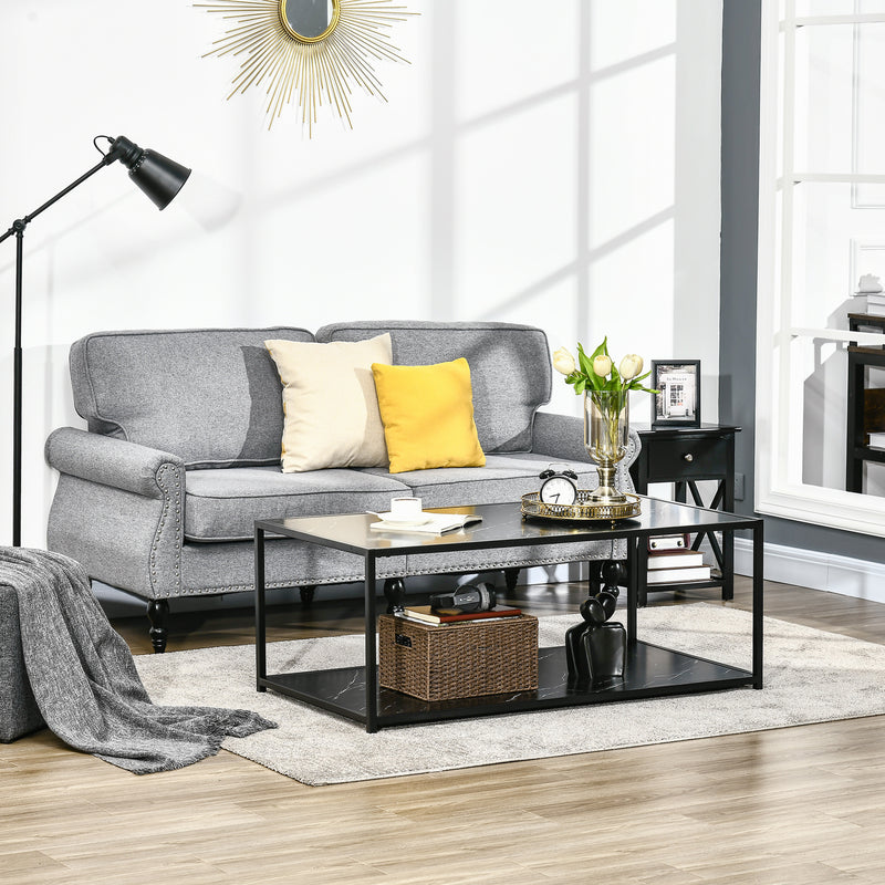 HOMCOM Coffee Table Cocktail Table w/ Faux Marble Top and Steel Frame, Black