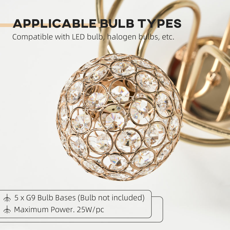 HOMCOM Chandelier Ceiling Light Pendant Light with 5 Globe Lampshades, Gold