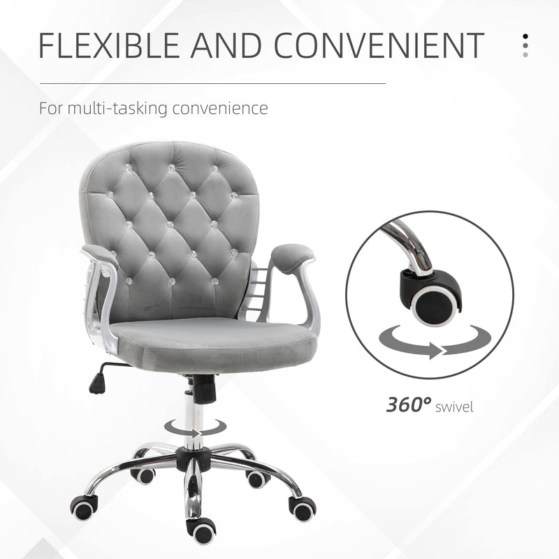 Vinsetto Office Chair Velour Diamond Tufted Padded Ergonomic 360° Swivel Grey