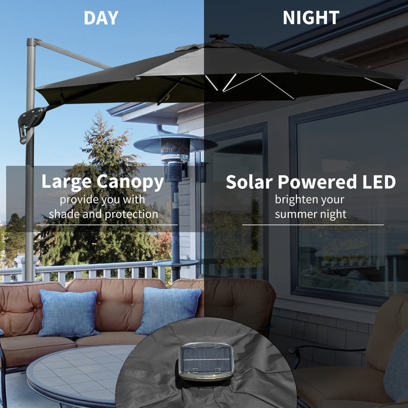 Outsunny 3m Solar LED Cantilever Parasol Adjustable Garden Umbrella Dark Grey