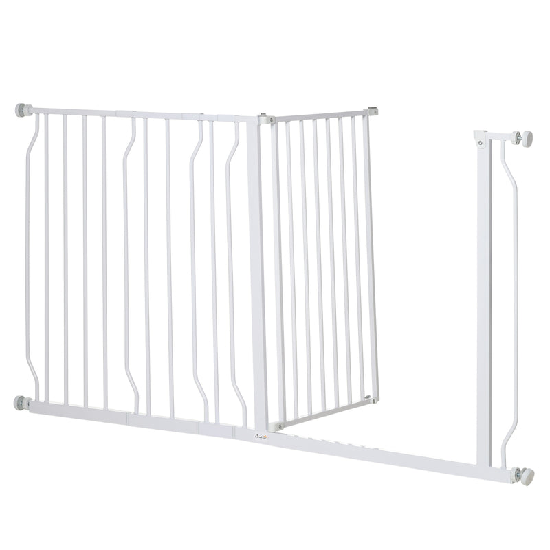 PawHut Dog Gate Wide Stair Gate w/ Door Pressure Fit, 75-145W cm, White