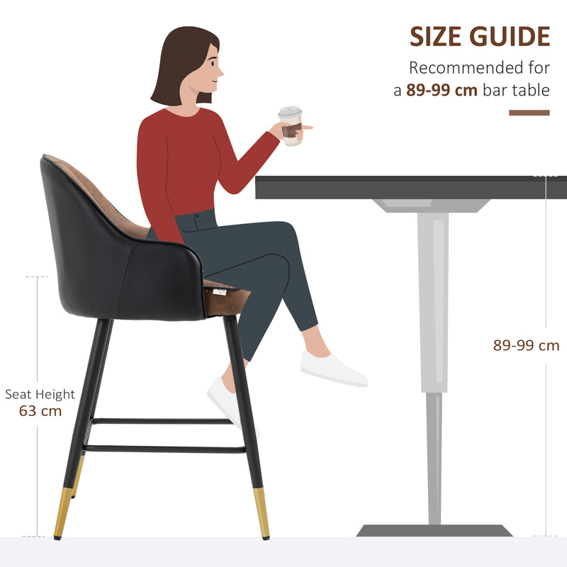HOMCOM Modern Bar Stools Set of 2, PU Leather Bar Chairs with Steel Legs, Brown