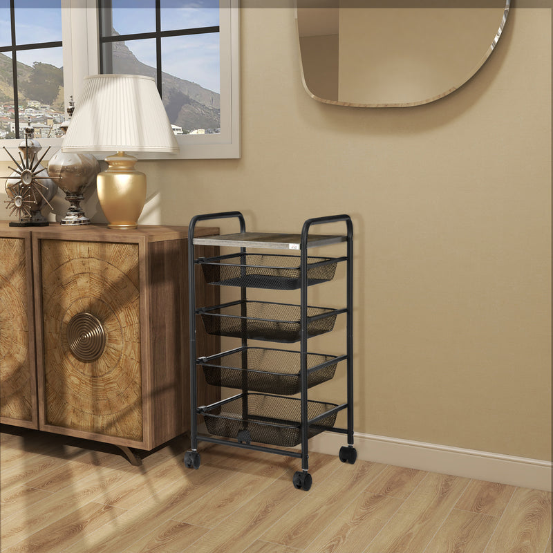 HOMCOM Storage Trolley Rolling Utility Cart with 4 Mesh Basket for Kitchen Black