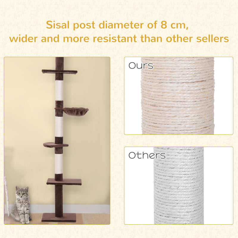 PawHut Floor to Ceiling Cat Tree for Indoor Cats 5-Tier Kitty Tower Brown