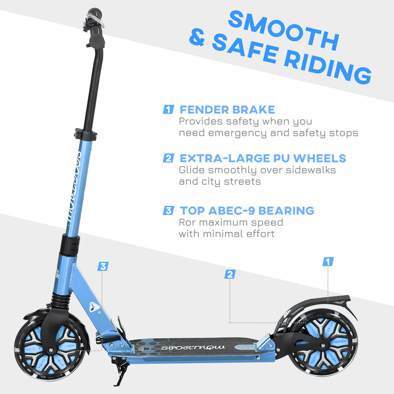 HOMCOM Folding Kick Scooter, Adjustable w/ Dual Shock Absorber for 14+, Blue