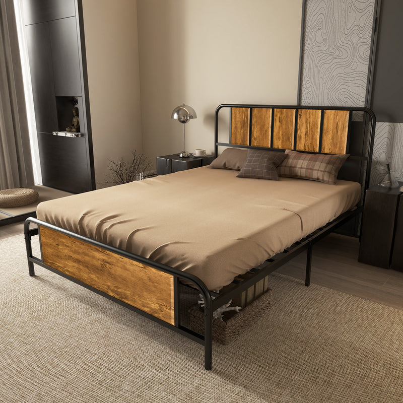 HOMCOM Double Bed Frame Steel Bed Base with Headboard 145 x 199cm Brown