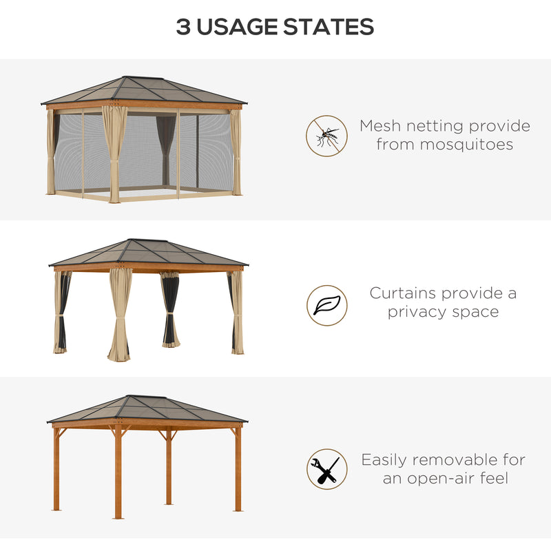 Outsunny Hardtop Gazebo Polycarbonate Canopy with Nettings and Sidewalls Khaki