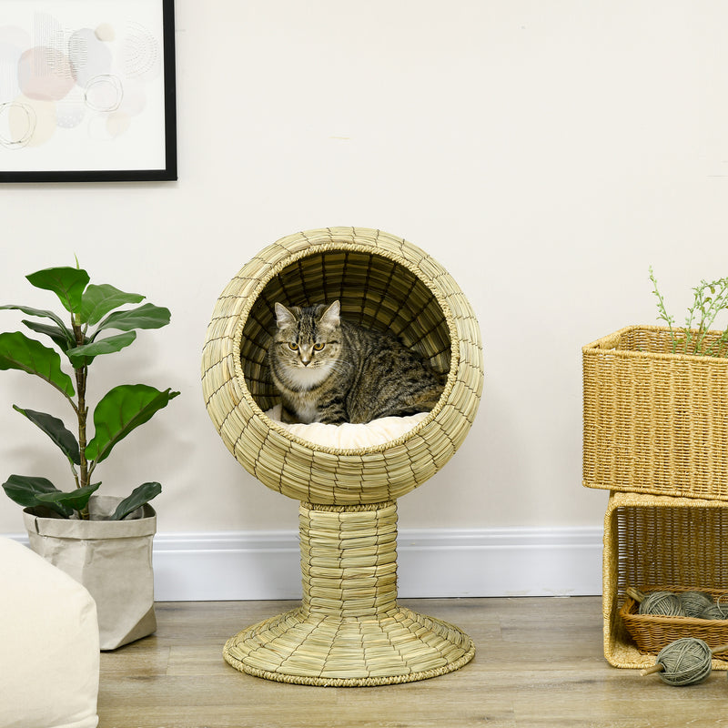PawHut Raised Cat House, Natural Mat Grass Cat Bed w/ Stand Cushion, ?41x 69 cm