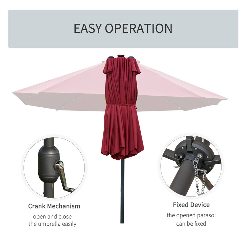 Outsunny 4.4m Double-Sided Sun Umbrella Patio Parasol Solar Lights Wine Red