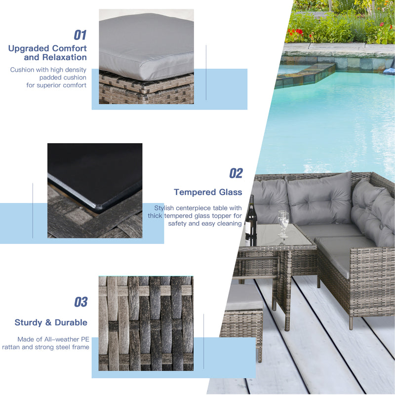 Outsunny 6 PCs Patio wicker Sofa Set Rattan Chair Furniture w/ Glass & Cushioned
