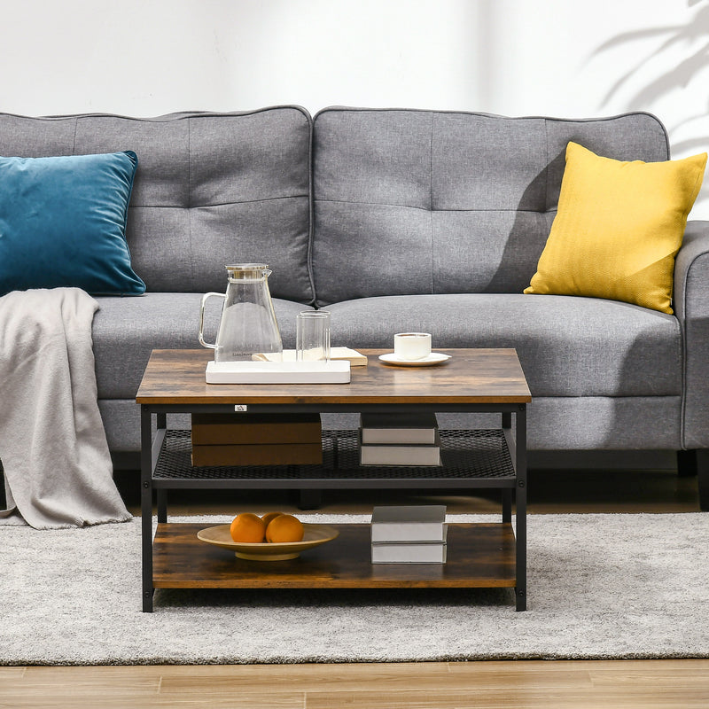 HOMCOM Industrial Coffee Table, Cocktail Table W/ Storage Shelves, Rustic Brown