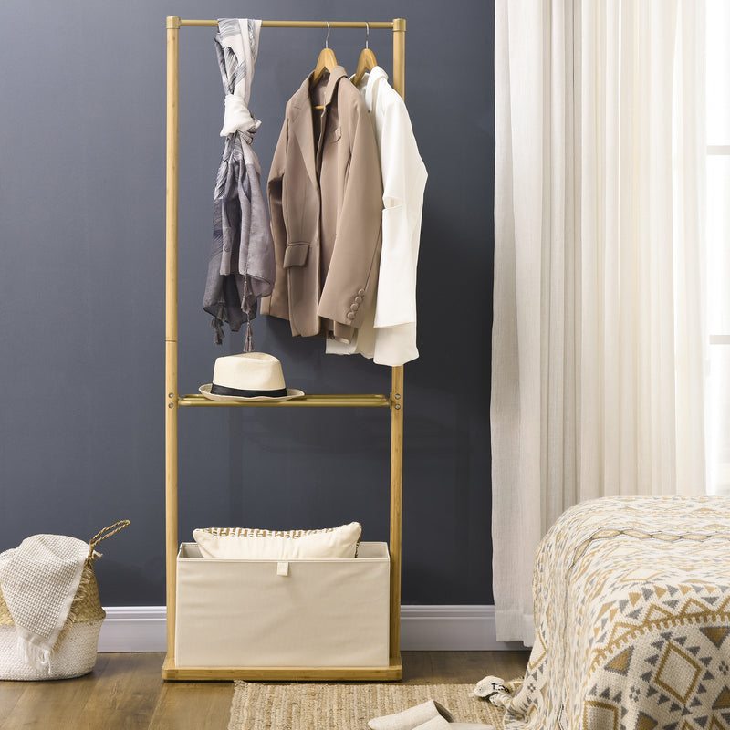 HOMCOM Clothes Rail Bamboo Coat Stand Garment Rack W/ Shelves Fabric Box Natural