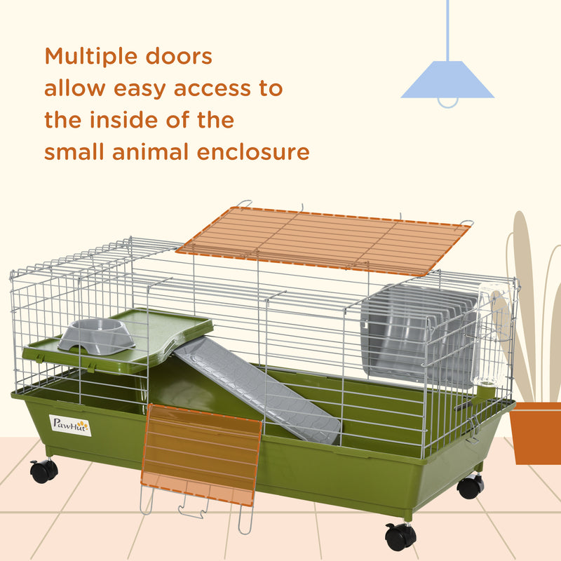 PawHut 89cm Small Animal Cage for Rabbit Ferret Guinea Pig w/ Food Dish Green