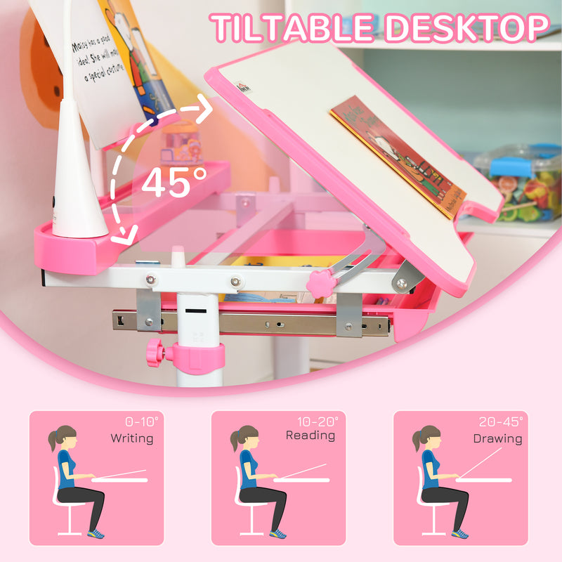 HOMCOM Kids Study Desk and Chair Set w/ USB Lamp, Adjustable Height - Pink