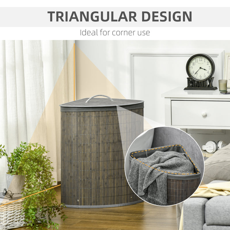 HOMCOM 55L Bamboo Corner Laundry Hamper Bamboo Laundry Basket 38x38x57cm Grey