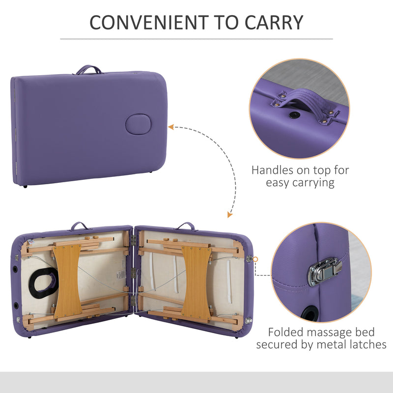 HOMCOM Wooden Folding Spa Beauty Massage Table w/ 2 Sections, Carry Bag, Purple