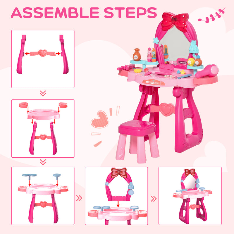 HOMCOM 36 Pcs Kids Vanity Dressing Table w/ Stool Lights Music Bright Red+Pink