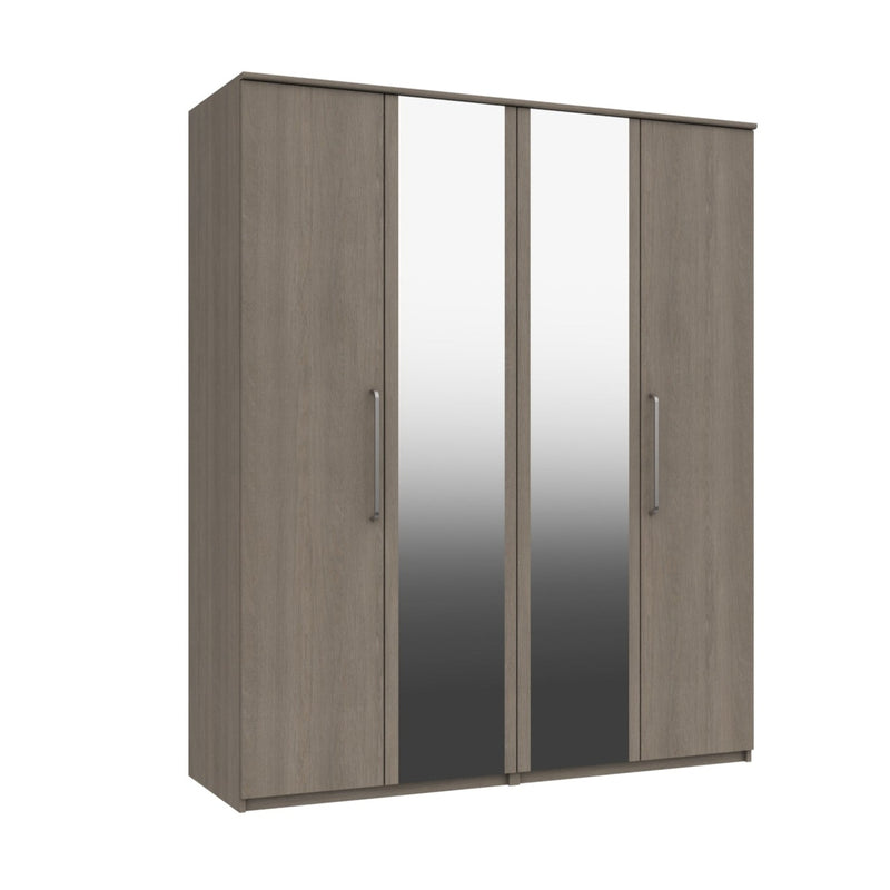 Windsor Ready Assembled Wardrobe with 4 Doors & 2 Mirrors - Beige Grey Oak