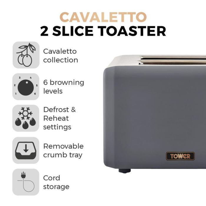 Tower Cavaletto 2 Slice Toaster - Grey/ Rose Gold