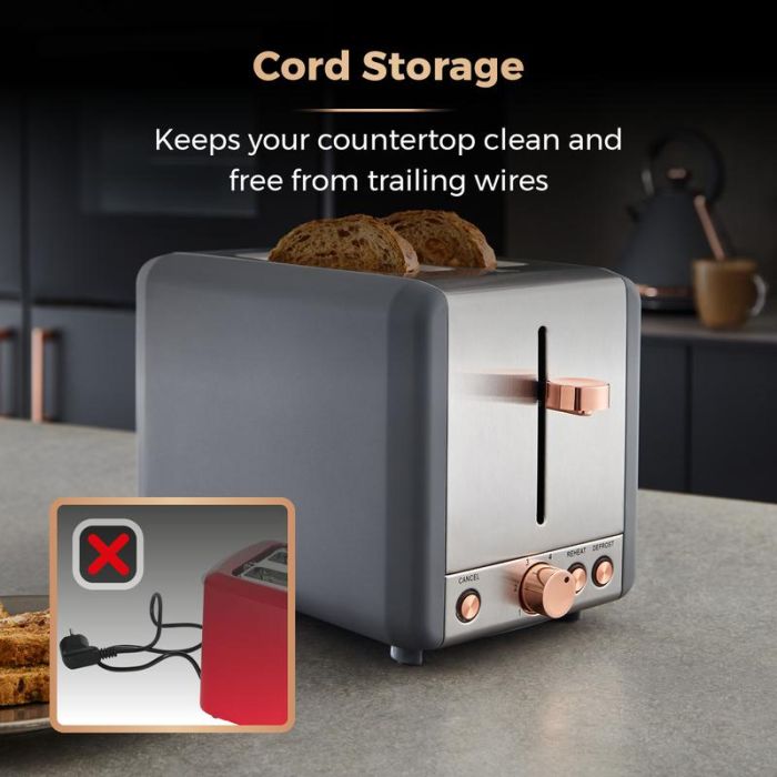 Tower Cavaletto 2 Slice Toaster - Grey/ Rose Gold