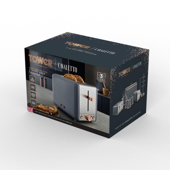 Tower Cavaletto 2 Slice Toaster - Grey/ Rose Gold