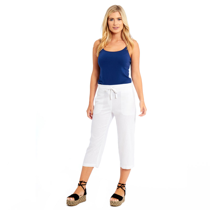 Ladies Linen 3/4 Crop Trousers - White