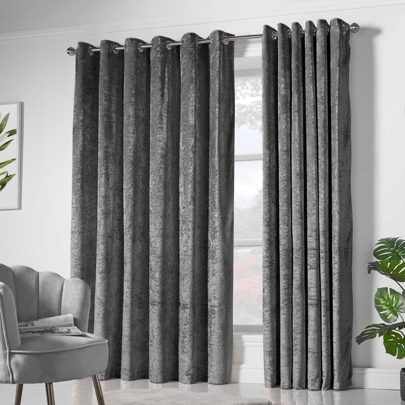 Amelia Eyelet Curtains - Crushed Velvet - Charcoal Grey