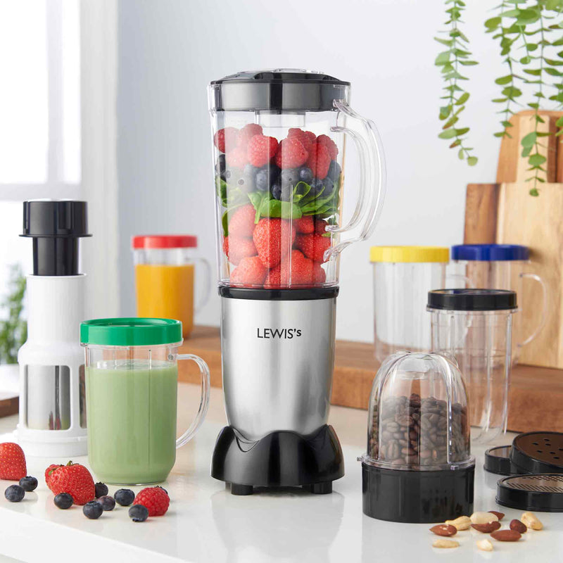 Lewis's 8-in-1 Multi Jug Power Blender with 1L Jug, Bottle, Blending Cup and 4 Drinking Cups