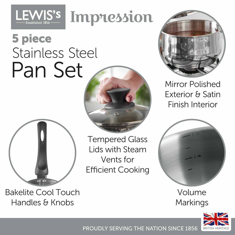 Lewis's 5 Piece Stainless Steel Pan Set with Bakelite Handle & Knob Home Kitchen