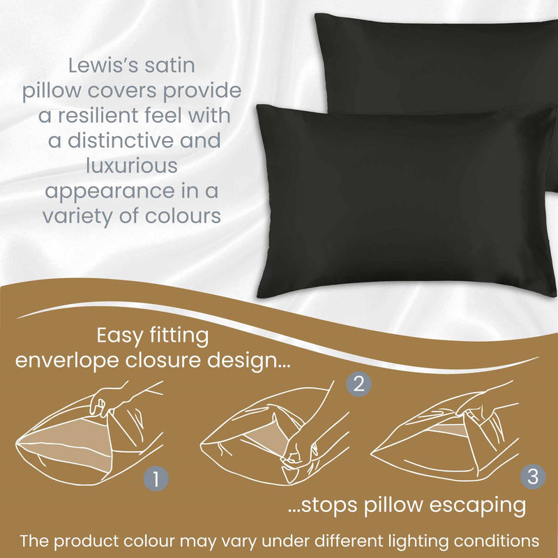 Lewis's Satin Feel 2 Pack Pillowcases - Black