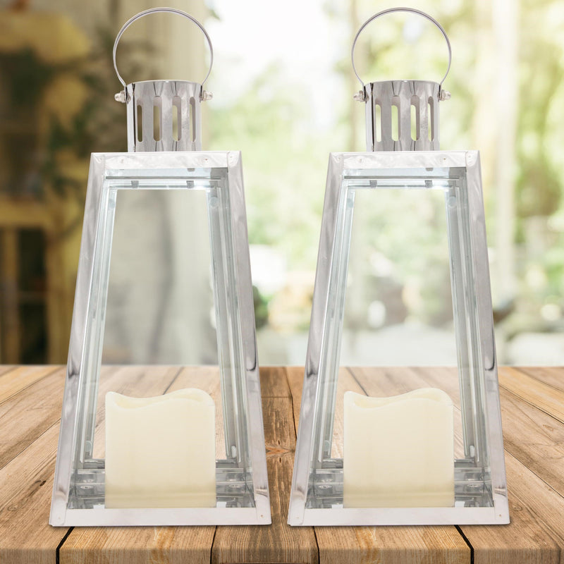 Lewis's Triangular Lanterns Candle Holders with Candles Set of 2 - 14.5x13.5x28.5cm