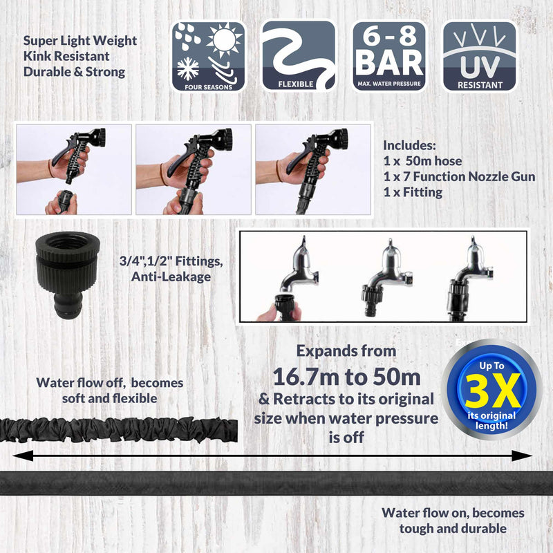 Silver & Stone Garden Expanding Hose 50m with Spray Gun and Fittings
