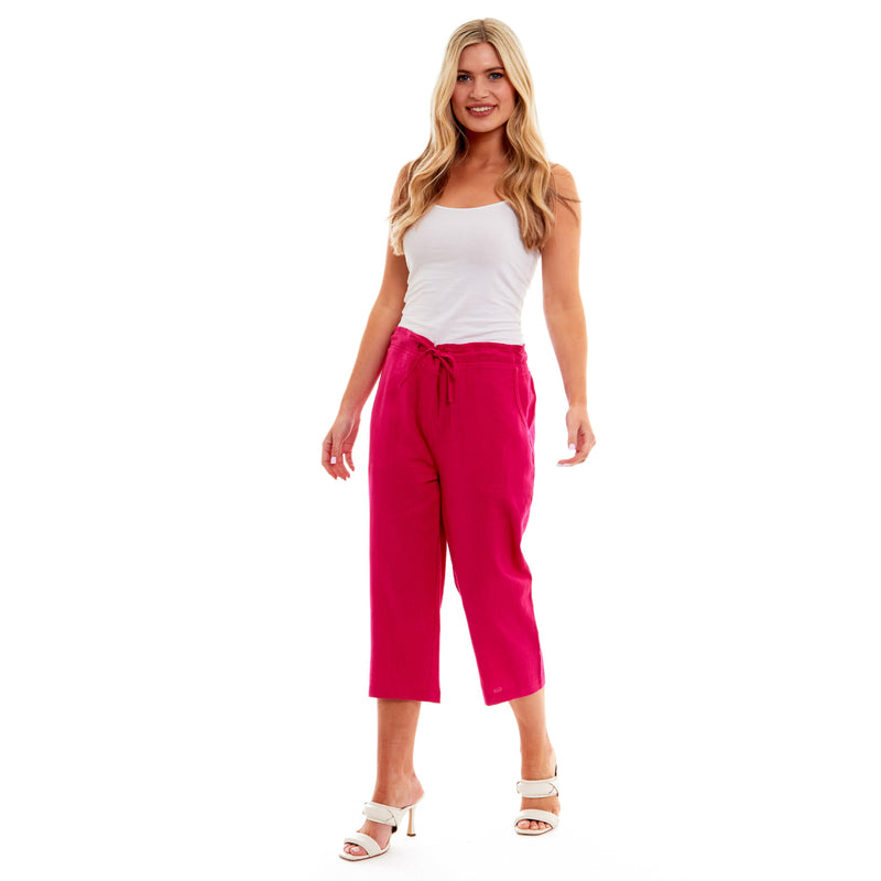 Ladies Linen 3/4 Crop Trousers - Fuschia Pink