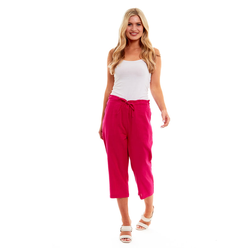 Ladies Linen 3/4 Crop Trousers - Fuschia Pink