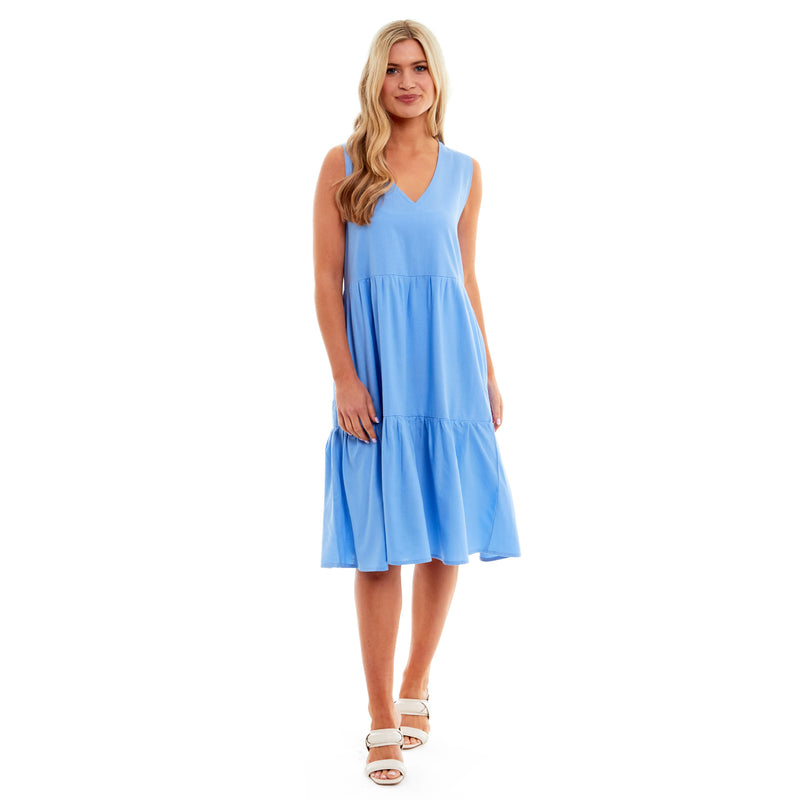 Ladies Linen V Neck Tiered Dress - Blue