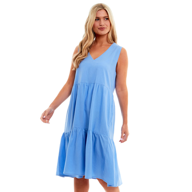 Ladies Linen V Neck Tiered Dress - Blue